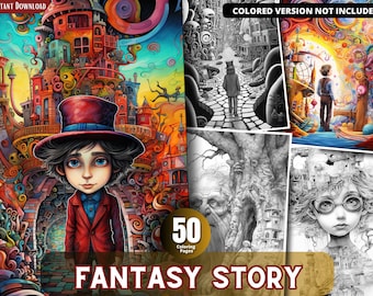 Fantasy Story Grayscale Coloring Pages for Adults and Kids (Printable PDF)
