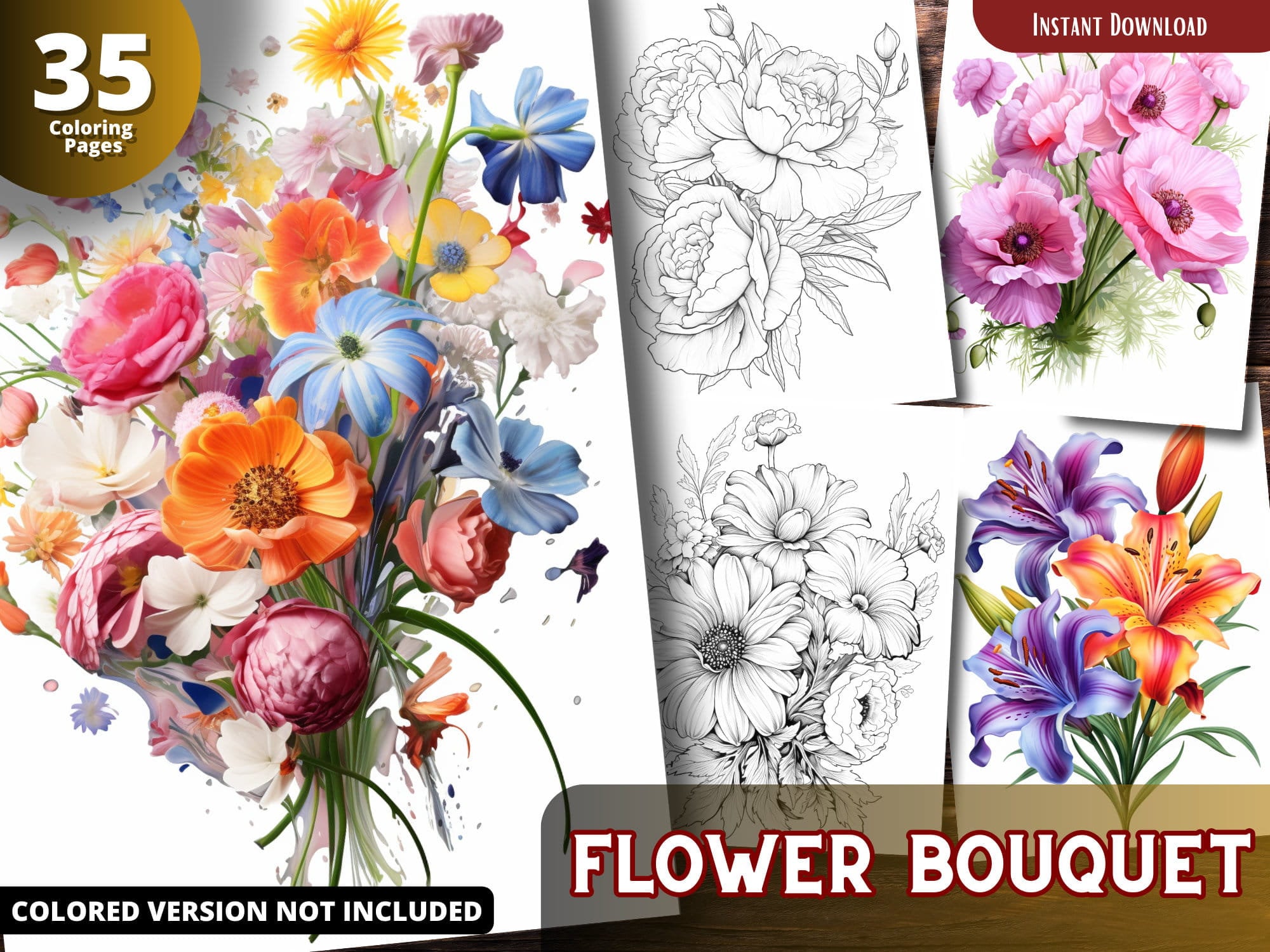 Flower Bouquet Coloring Pages for Adults and for Kids for Relax and Stress Relief, Grayscale Coloring Book, Printable PDF