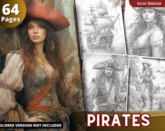 Libro da colorare sui pirati in scala di grigi, per adulti e bambini (PDF stampabile)