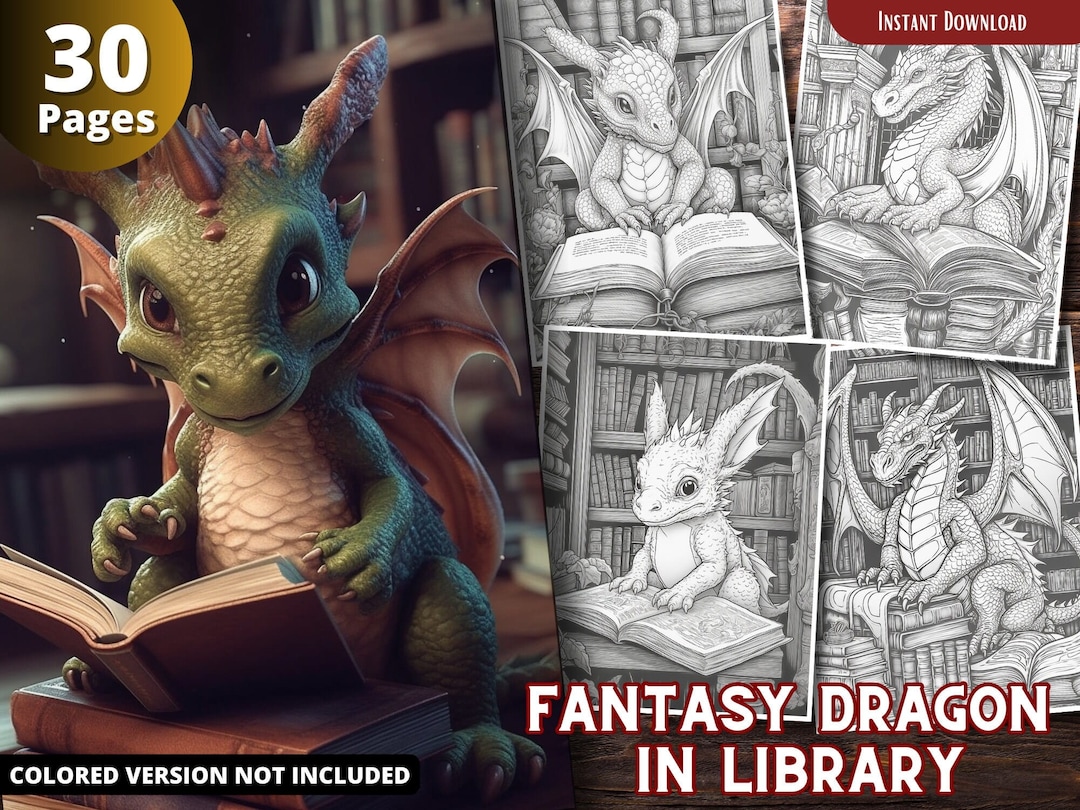 Fantasy Dragon in Library Coloring Pages for Adults and for Kids