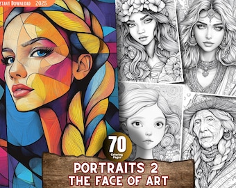Portraits Coloring Pages for Adults and for Kids Grayscale Coloring Book, Printable PDF