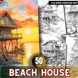 Beach House Coloring Pages for Adults and for Kids for Relax and Stress Relief, Grayscale Coloring Book, Printable PDF