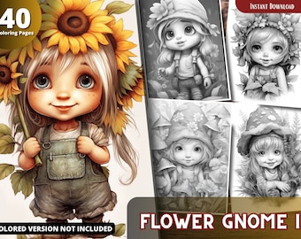 Flower Gnome Grayscale Coloring Book For Adults and Kids (Printable PDF)