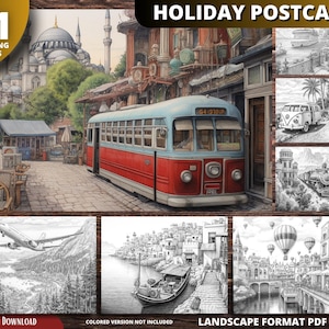 Libro para colorear de viajes, páginas para colorear de paisajes con postales navideñas para adultos y niños, libro para colorear en escala de grises, PDF imprimible