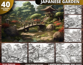 Japanese Garden Coloring  Pages for Adults and for Kids for Relax and Stress Relief, Grayscale Coloring Book, Printable PDF