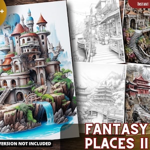 Places from Fantasy Coloring Pages for Adults and for Kids, Grayscale Coloring Book, Printable PDF