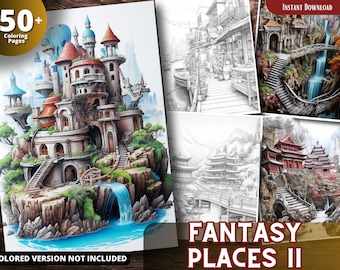 Places from Fantasy Coloring Pages for Adults and for Kids, Grayscale Coloring Book, Printable PDF