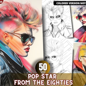 Pop Star degli anni Ottanta Disegni da colorare per adulti e bambini per rilassarsi e alleviare lo stress, libro da colorare in scala di grigi, PDF stampabile
