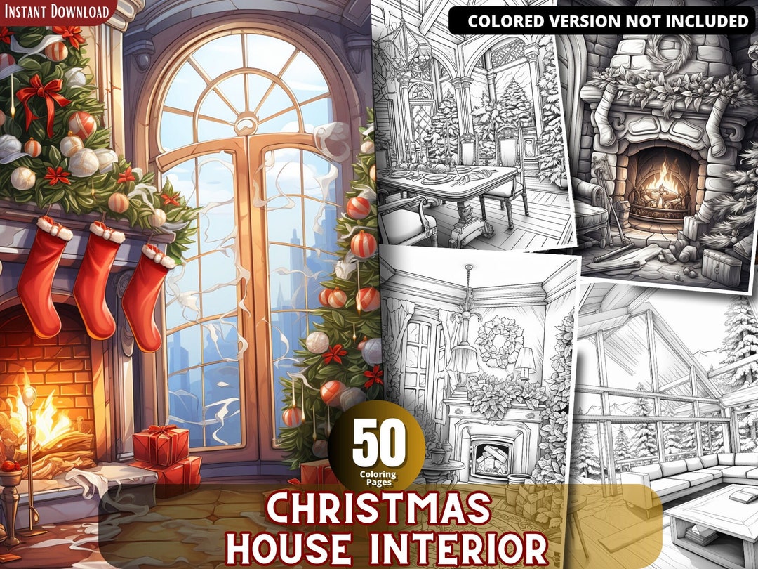 Christmas House Interior Coloring Pages for Adults and for Kids for ...