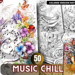 Music Chill Coloring Pages for Adults and for Kids for Relax and Stress Relief, Grayscale Coloring Book, Printable PDF