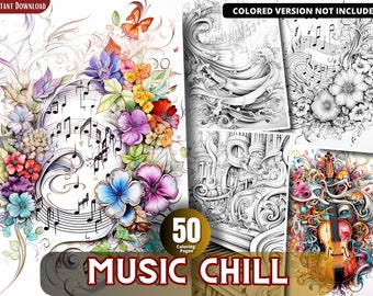 Music Chill Grayscale Coloring Book Pages, Stress Relief (Printable PDF)