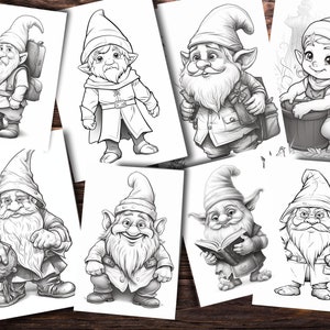 Enchanted Gnomes Coloring Pages for Adults and for Kids for Relax and Stress Relief, Grayscale Coloring Book, Printable PDF