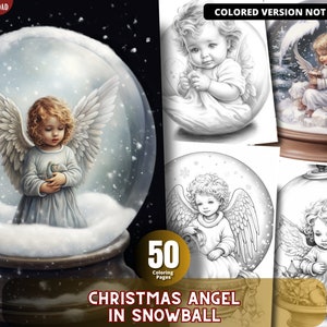 Christmas Angels in Snowball Coloring Pages for Adults and for Kids for Relax and Stress Relief, Grayscale Coloring Book, Printable PDF