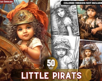 Disegni da colorare di pirati in scala di grigi per bambini e adulti (PDF stampabile)