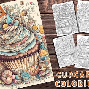 Cupcake Coloring Pages for Adults and for Kids for Relax and Stress Relief, Grayscale Coloring Book, Printable PDF