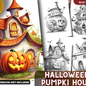 Halloween Pumpkin Tiny Houses Coloring Pages for Adults and for Kids, Grayscale Coloring Book, Printable PDF