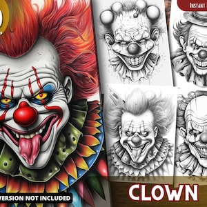 Gruseliger Clown Ausmalbilder für Erwachsene und Kinder - Graustufen Färbung, PDF zum selbst ausdrucken
