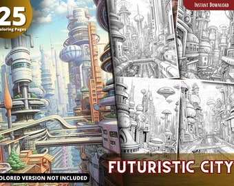 Futuristische Stadt Malvorlagen, Graustufen Kunst für Erwachsene und Kinder (druckbare PDF-Datei)