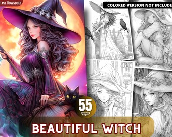 Witch Grayscale Coloring Book For Adults and Kids (Printable PDF)
