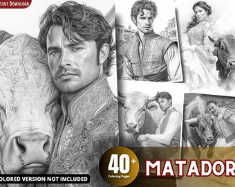 May include: A black and white colouring book with over 40 pages featuring illustrations of a matador and a bull. The cover shows a man with a bull, and the title "40+ MATADOR Colouring Pages" is printed on the bottom.