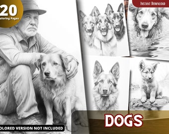 リラックスしてストレス解消できる大人と子供向けの犬の塗り絵、グレースケールの塗り絵、印刷可能な PDF