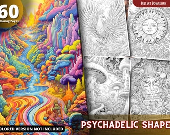 Psychedelic Grayscale Coloring Book, Shapes, Adults & Kids (Printable PDF)
