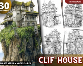 Clif House coloring Pages for Adults and for Kids for Relax and Stress Relief, Grayscale Coloring Book, Printable PDF