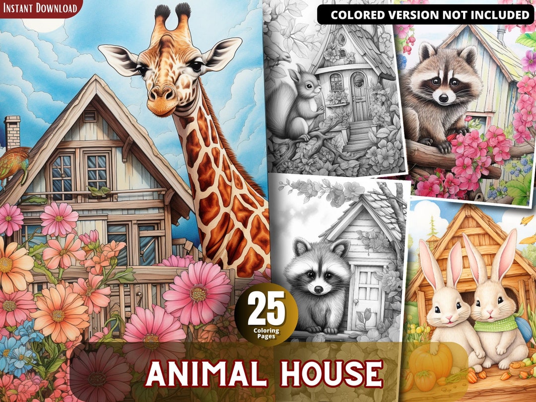 Animal House Coloring Pages for Adults and for Kids Grayscale Coloring ...