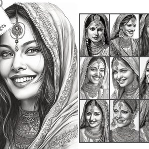 27 Indian Women Portraits Coloring Pages for Adults and for Kids for Relax and Stress Relief, Grayscale Coloring Book, Printable PDF