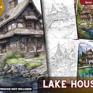 Lake Houses Coloring Pages for Adults and for Kids for Relax and Stress Relief, Grayscale Coloring Book, Printable PDF
