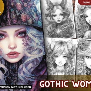 Gothic Woman Coloring Pages for Adults and for Kids Grayscale Coloring Book, Printable PDF