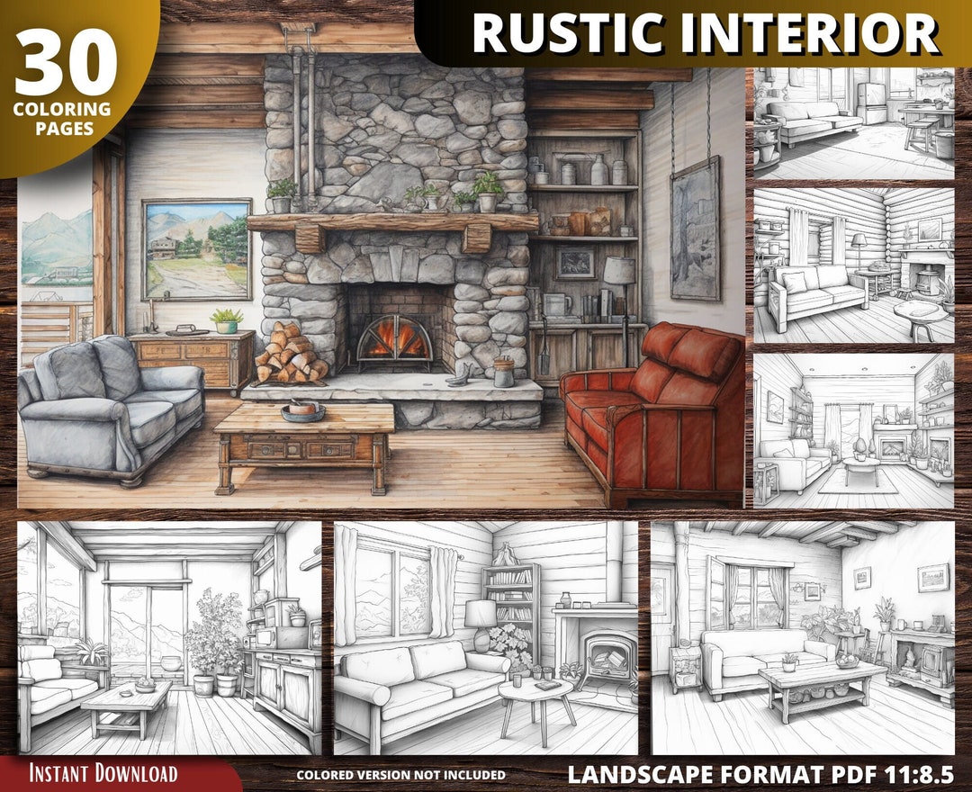 Rustic Interior Coloring Pages, Grayscale Relaxing Designs (printable ...