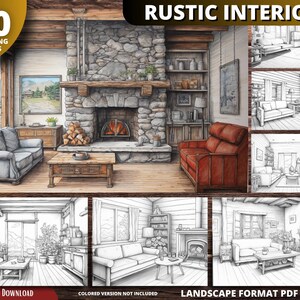 Pode incluir: Um conjunto de 30 páginas para colorir que apresentam um design de interior rústico com uma lareira de pedra, vigas de madeira e uma grande janela com vista para uma paisagem montanhosa. As páginas estão em formato paisagem e medem 28 cm por 21,5 cm.