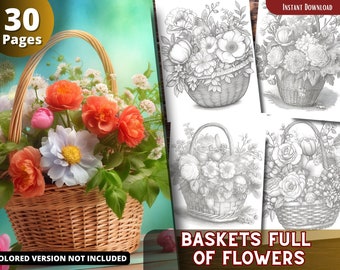 Dibujos para colorear de cestas de flores en escala de grises, PDF imprimible para adultos y niños.