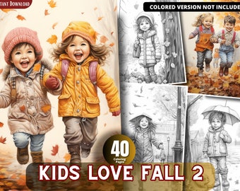 Fall Kids Grayscale Coloring Book, Relaxing Autumn Printable (PDF)