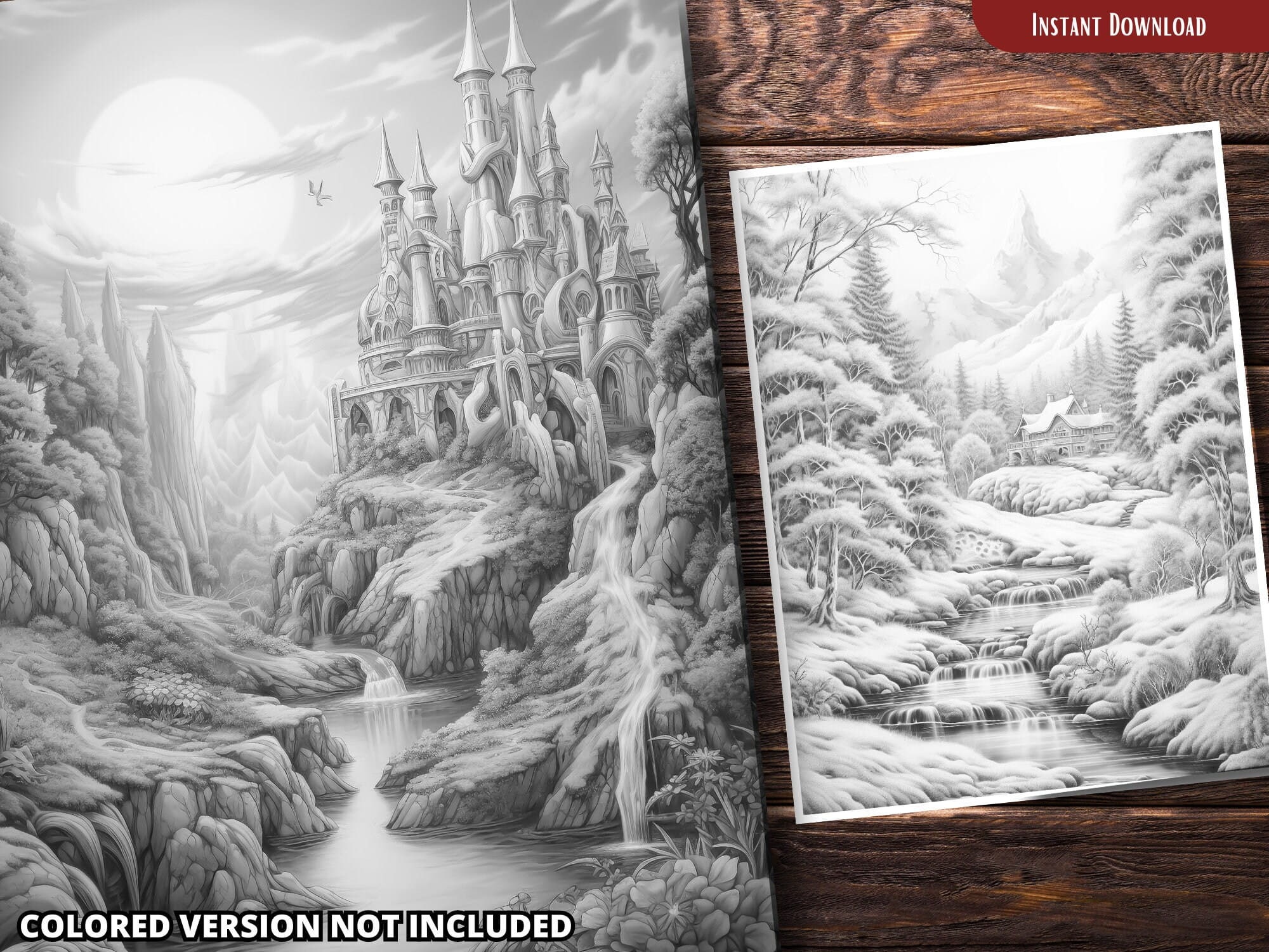 Fantasy Landscape Coloring Pages for Adults and for Kids, Grayscale