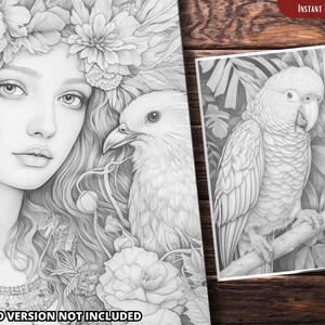 May include: A black and white coloring page featuring a woman with flowers in her hair and a bird perched on her shoulder. The woman has long, flowing hair and a delicate facial expression. The bird has a small beak and a round head. The background is filled with intricate floral designs.