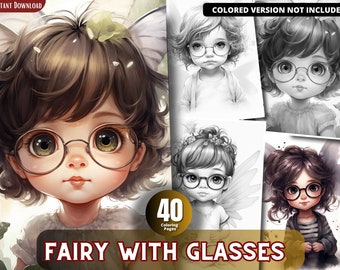 Fairy with Glasses Coloring Pages for Adults and for Kids for Relax and Stress Relief, Grayscale Coloring Book, Printable PDF