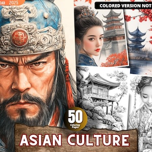 Asian Culture and Portraits Coloring Pages for Adults and for Kids Grayscale Coloring, Printable PDF