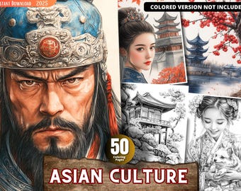 May include: A coloring book cover featuring 50 Asian culture themed coloring pages. The cover shows a black and white illustration of a man in traditional Chinese clothing, a woman in a traditional Japanese kimono, and a pagoda. The text "50 Coloring Pages" and "ASIAN CULTURE" are also visible on the cover.