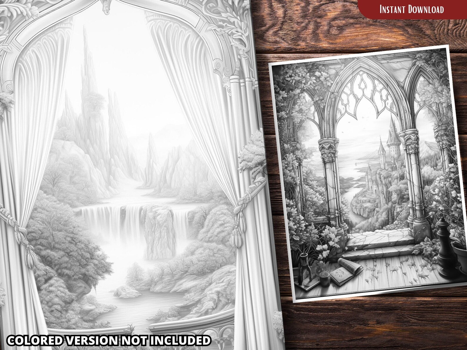 Magical Window Fantasy Coloring Pages, Grayscale Art (printable PDF) - Etsy