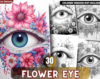 Flower Eye Grayscale Coloring Book For Adults & Kids (Printable PDF)