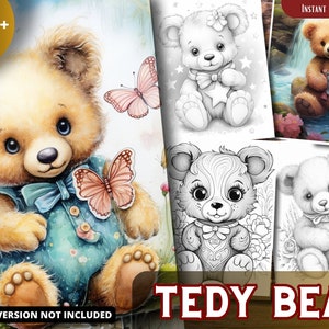 May include: A colouring book featuring a collection of teddy bear illustrations. The cover features a cute teddy bear wearing a blue dress and a bow tie, with butterflies flying around it. The text "TEDDY BEAR" is printed in large, bold letters at the bottom of the cover.
