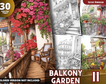 Balcony Garden Coloring Pages, Grayscale Coloring Book (Printable PDF)