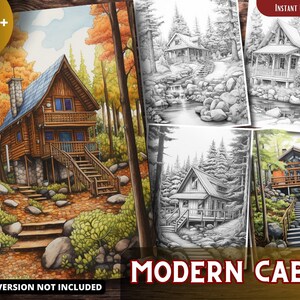 Modern Cabin Coloring Pages for Adults and for Kids Grayscale Coloring, Printable PDF