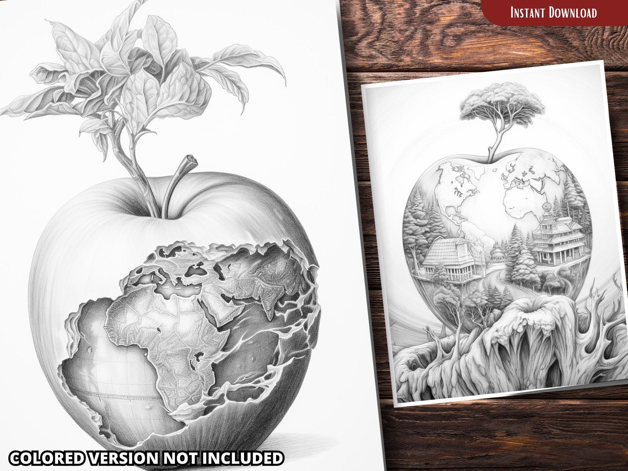 Apple World Grayscale Coloring Pages for Adults & Kids (printable PDF ...