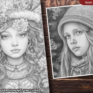 May include: Two black and white pencil drawings of young girls. The girl on the left is wearing a crown of flowers and has long, curly hair. The girl on the right is wearing a knitted hat and has long, straight hair.