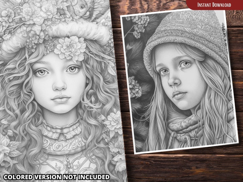 May include: Two black and white pencil drawings of young girls. The girl on the left is wearing a crown of flowers and has long, curly hair. The girl on the right is wearing a knitted hat and has long, straight hair.