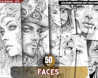 Faces, Coloring Pages for Adults and for Kids for Relax and Stress Relief, Grayscale Coloring Book, Printable PDF