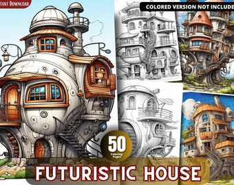 Futuristisches Haus Malvorlagen für Erwachsene und für Kinder, Graustufen Malbuch, Printable PDF